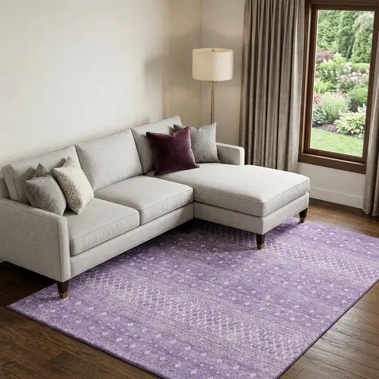 Lavender And Ivory Tribal Washable Area Rug With UV Protection Photo 1