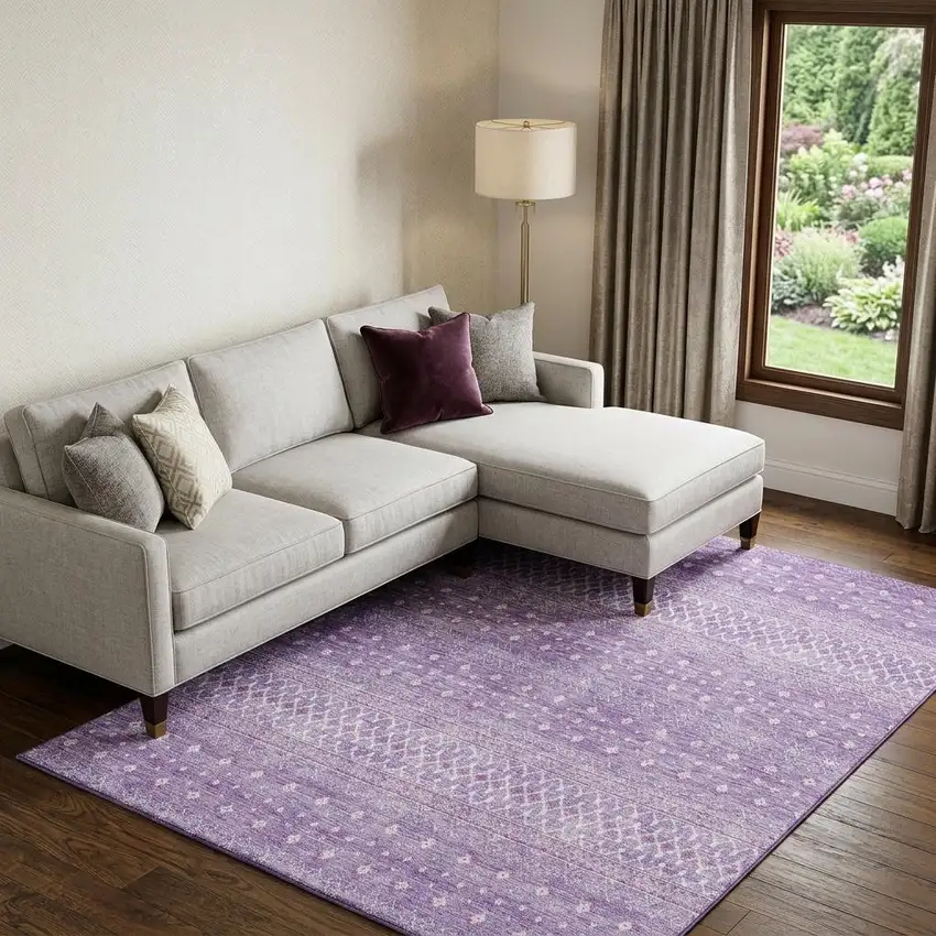 Lavender And Ivory Tribal Washable Area Rug With UV Protection Photo 1
