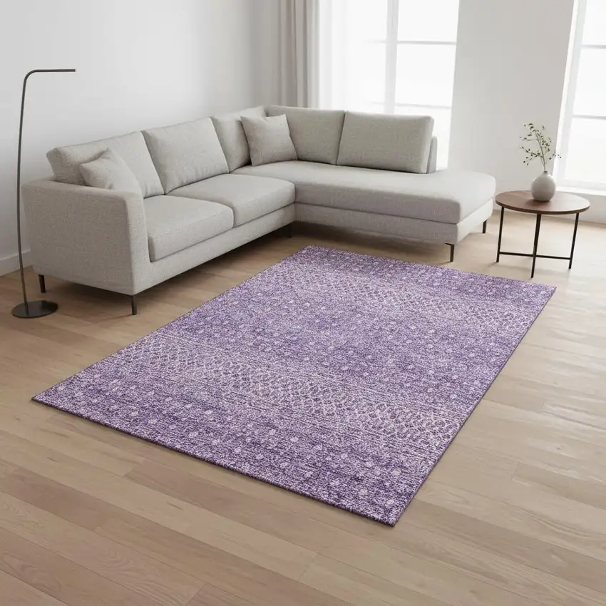 Lavender And Ivory Tribal Washable Area Rug With UV Protection Photo 1