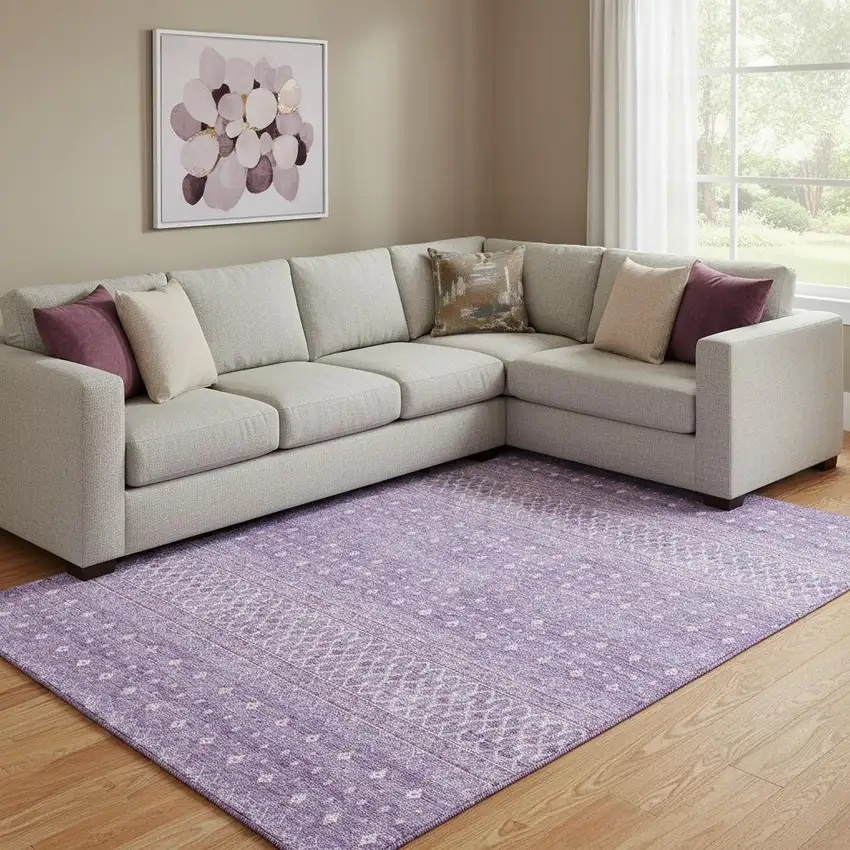 Lavender And Ivory Tribal Washable Area Rug With UV Protection Photo 1
