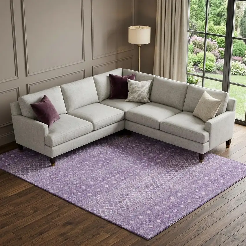 Lavender And Ivory Tribal Washable Area Rug With UV Protection Photo 1