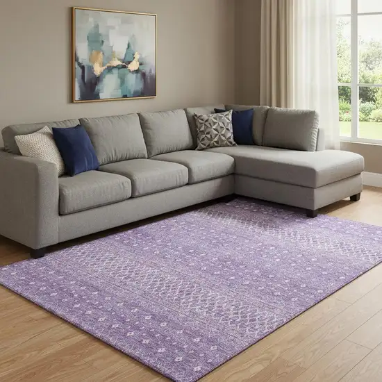 Lavender And Ivory Tribal Washable Area Rug With UV Protection Photo 1