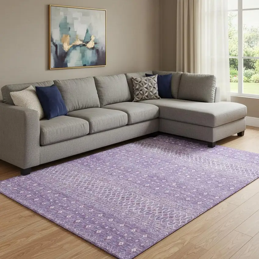 Lavender And Ivory Tribal Washable Area Rug With UV Protection Photo 1