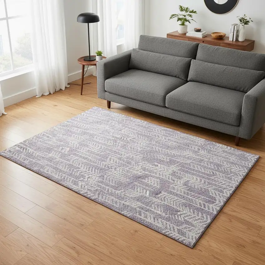 Lavender And Ivory Tribal Washable Area Rug With UV Protection Photo 2