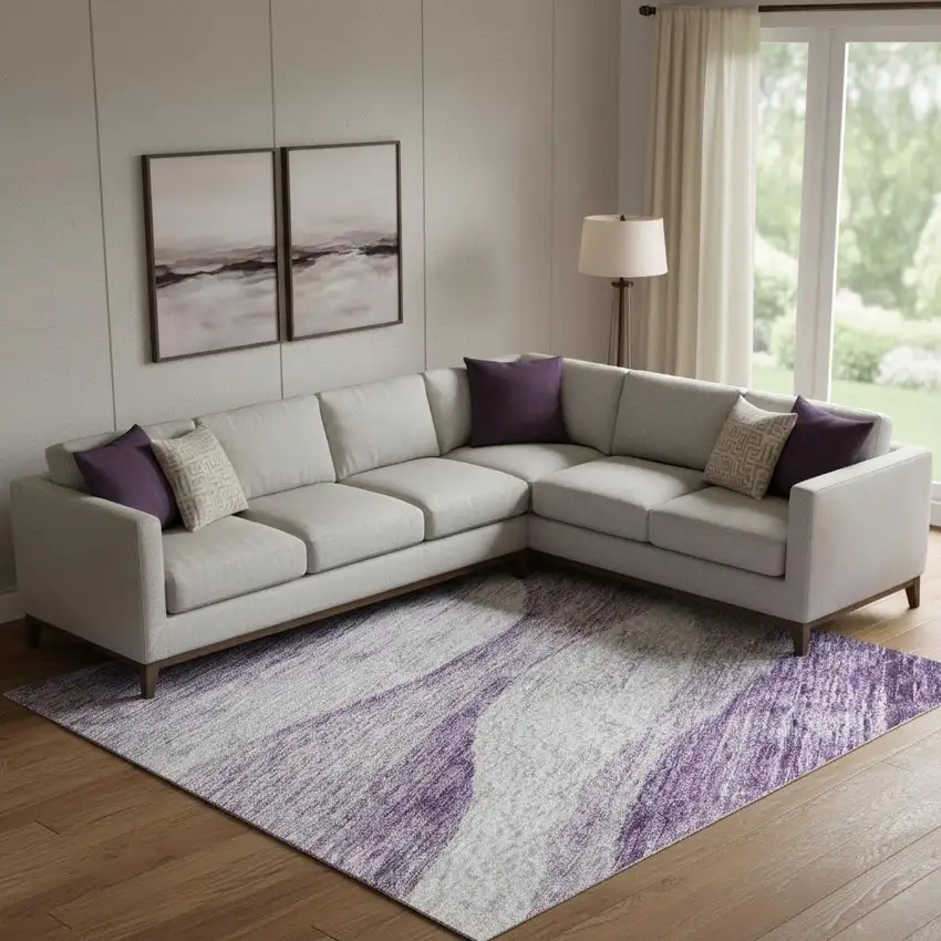 Lavender And Lilac Abstract Washable Area Rug With UV Protection Photo 2