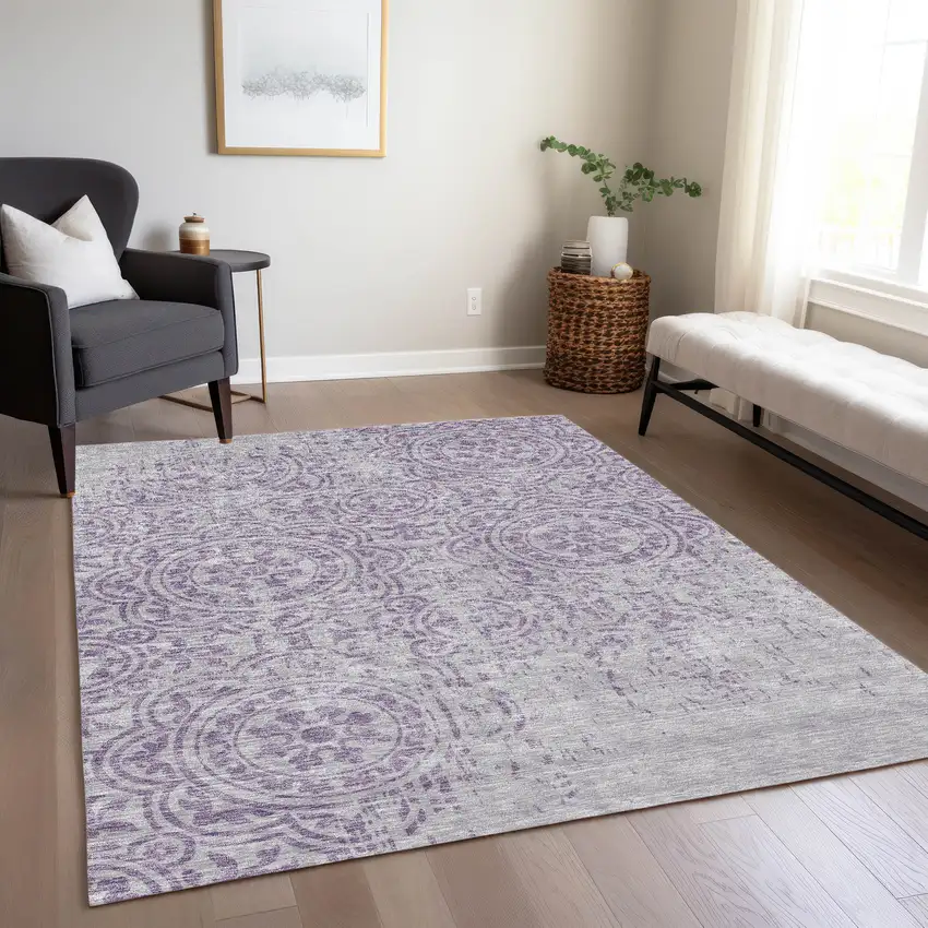 Lavender And Lilac Medallion Washable Indoor Outdoor Area Rug Photo 7