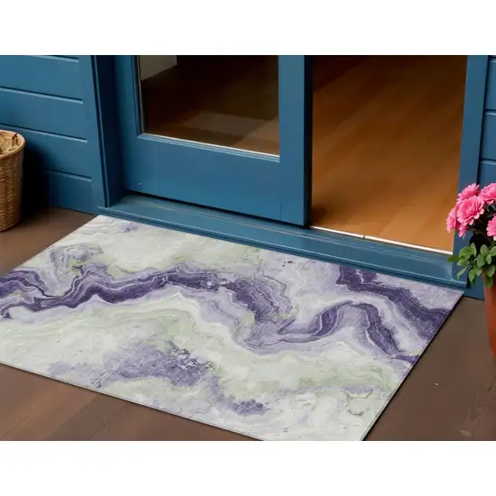 Lavender And Mint Green Abstract Washable Indoor Outdoor Area Rug Photo 2