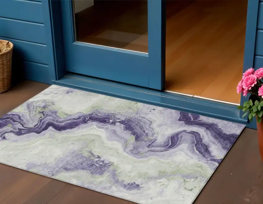 Lavender And Mint Green Abstract Washable Indoor Outdoor Area Rug Photo 2