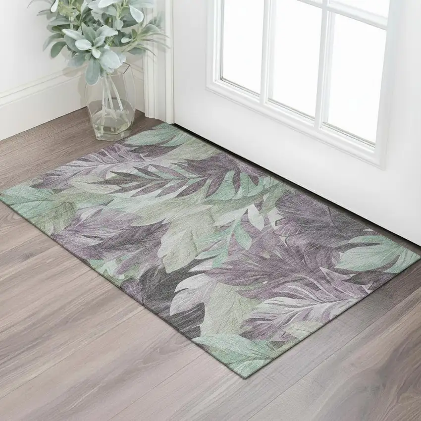 Lavender And Mint Green Floral Washable Area Rug With UV Protection Photo 2