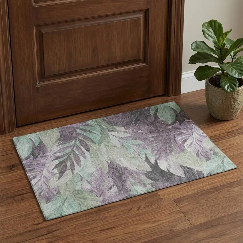 Lavender And Mint Green Floral Washable Area Rug With UV Protection Photo 1