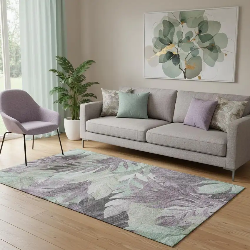 Lavender And Mint Green Floral Washable Area Rug With UV Protection Photo 2