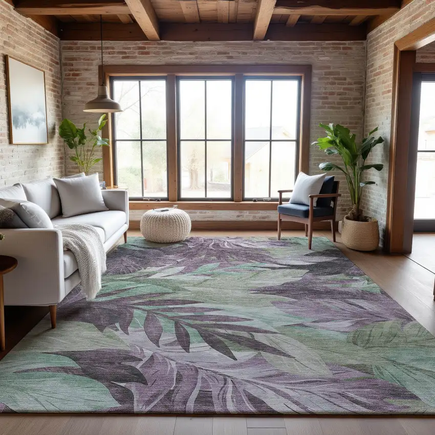 Lavender And Mint Green Floral Washable Area Rug With UV Protection Photo 5