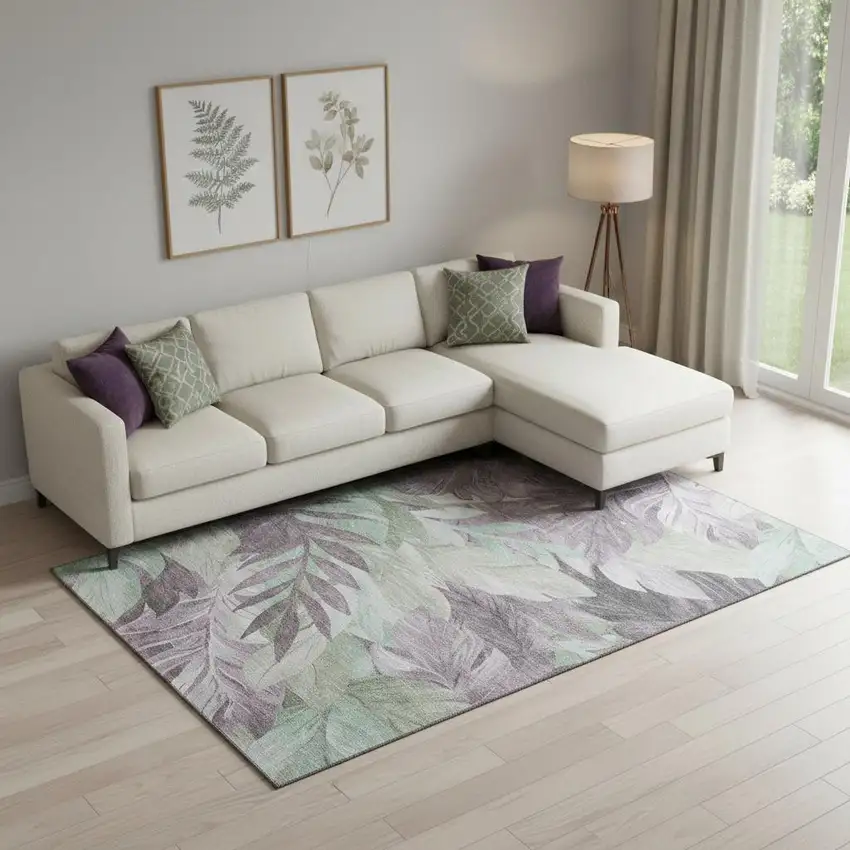 Lavender And Mint Green Floral Washable Area Rug With UV Protection Photo 2