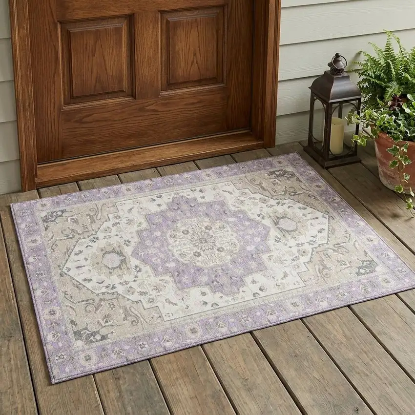 Lavender And Orange Oriental Washable Indoor Outdoor Area Rug Photo 1