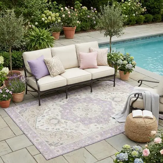 Lavender And Orange Oriental Washable Indoor Outdoor Area Rug Photo 1