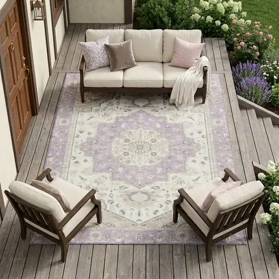 Lavender And Orange Oriental Washable Indoor Outdoor Area Rug Photo 1