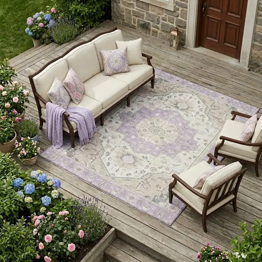 Lavender And Orange Oriental Washable Indoor Outdoor Area Rug Photo 1