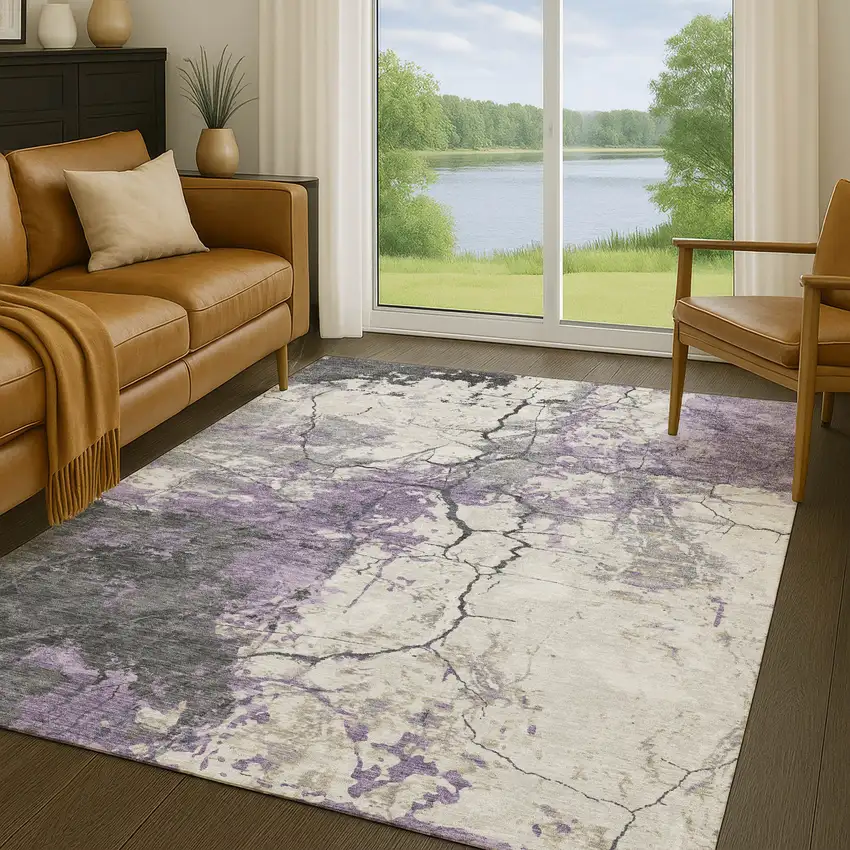 Lavender And Plum Abstract Washable Indoor Outdoor Area Rug Photo 5