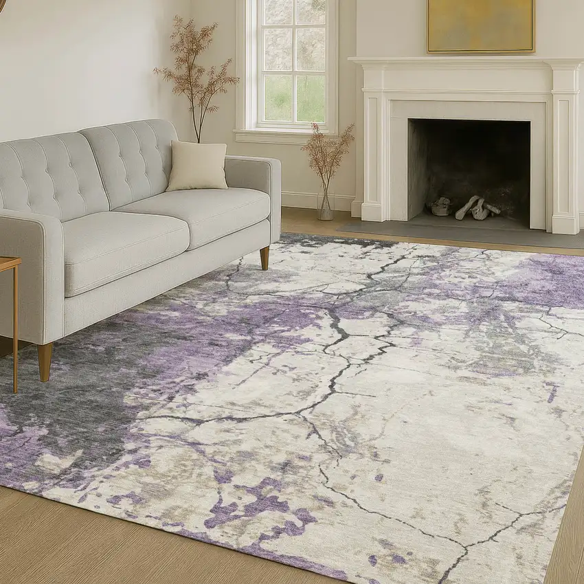 Lavender And Plum Abstract Washable Indoor Outdoor Area Rug Photo 6