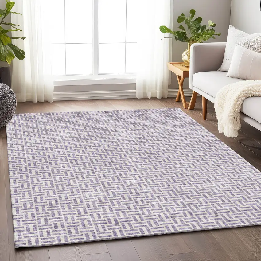 Lavender And Silver Geometric Washable Indoor Outdoor Area Rug Photo 9