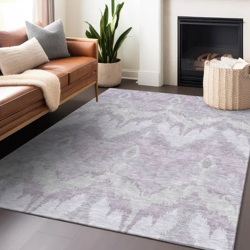 Lavender And Silver Ikat Washable Area Rug With UV Protection Photo 5