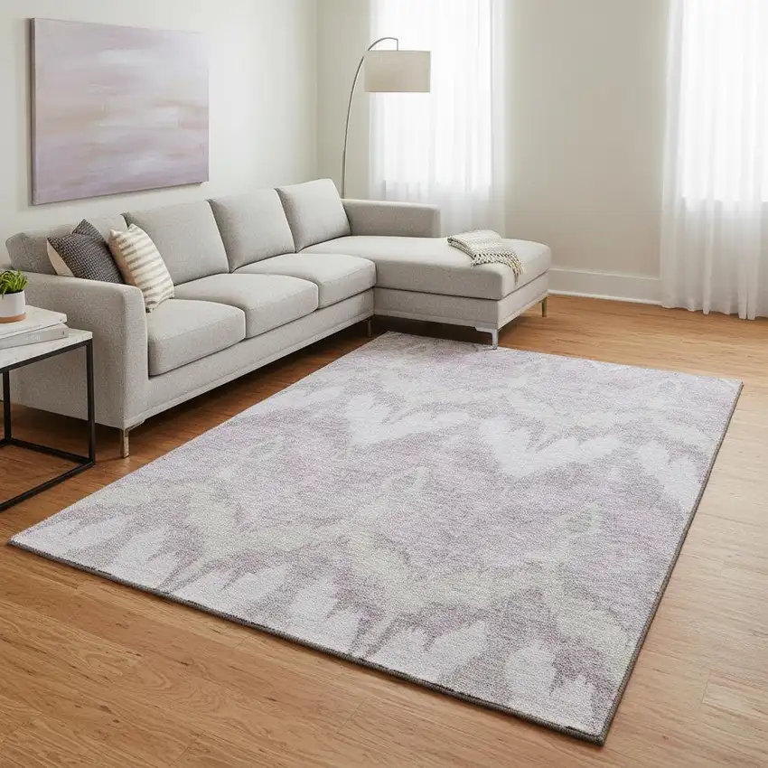 Lavender And Silver Ikat Washable Area Rug With UV Protection Photo 2