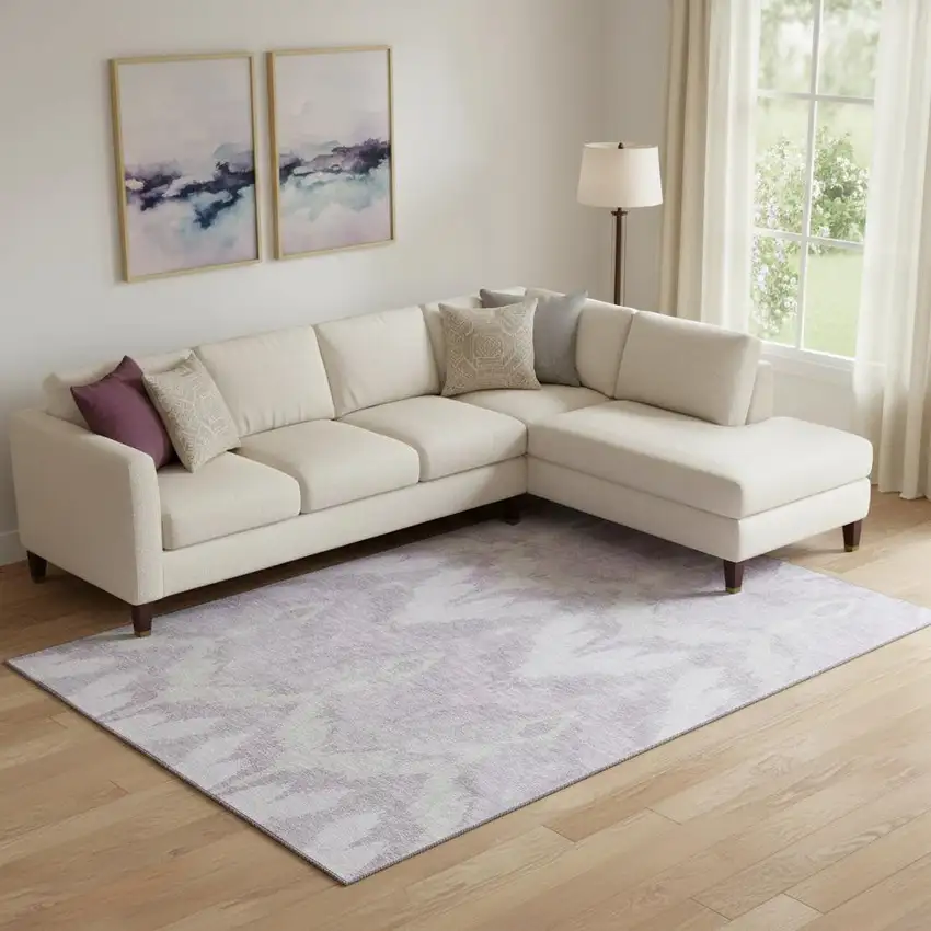 Lavender And Silver Ikat Washable Area Rug With UV Protection Photo 1