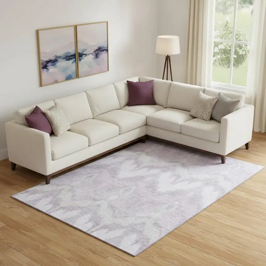 Lavender And Silver Ikat Washable Area Rug With UV Protection Photo 1