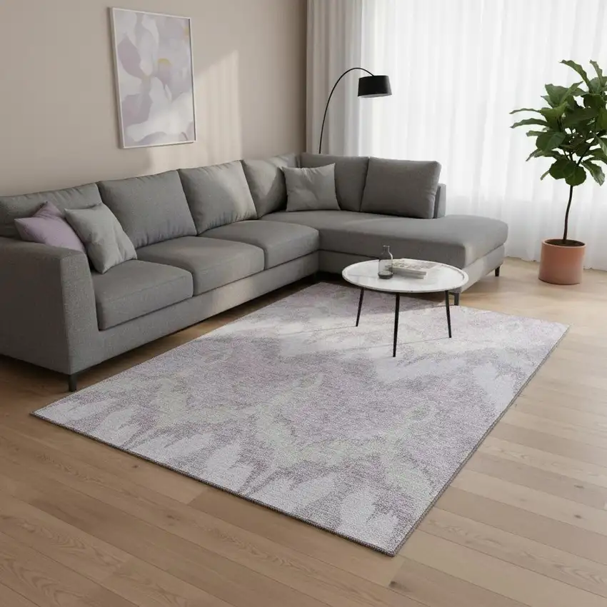 Lavender And Silver Ikat Washable Area Rug With UV Protection Photo 2