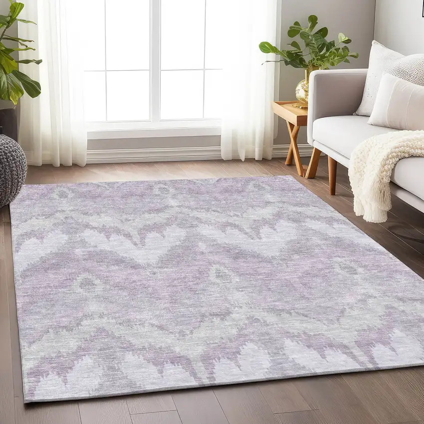 Lavender And Silver Ikat Washable Area Rug With UV Protection Photo 5