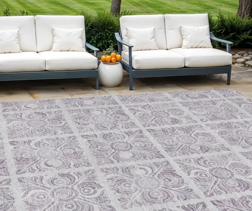 Lavender And Silver Medallion Washable Indoor Outdoor Area Rug Photo 1