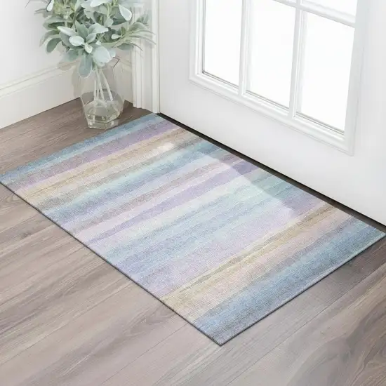 Lavender And Sky Blue Striped Washable Area Rug With UV Protection Photo 2