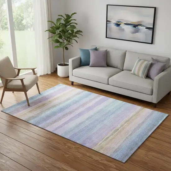 Lavender And Sky Blue Striped Washable Area Rug With UV Protection Photo 2