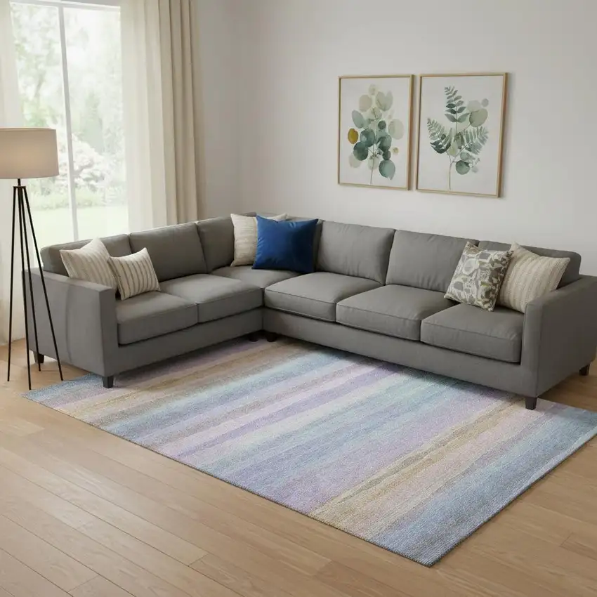 Lavender And Sky Blue Striped Washable Area Rug With UV Protection Photo 2