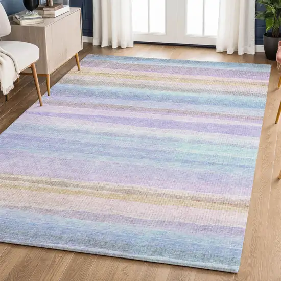 Lavender And Sky Blue Striped Washable Area Rug With UV Protection Photo 6