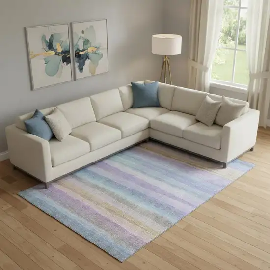 Lavender And Sky Blue Striped Washable Area Rug With UV Protection Photo 2