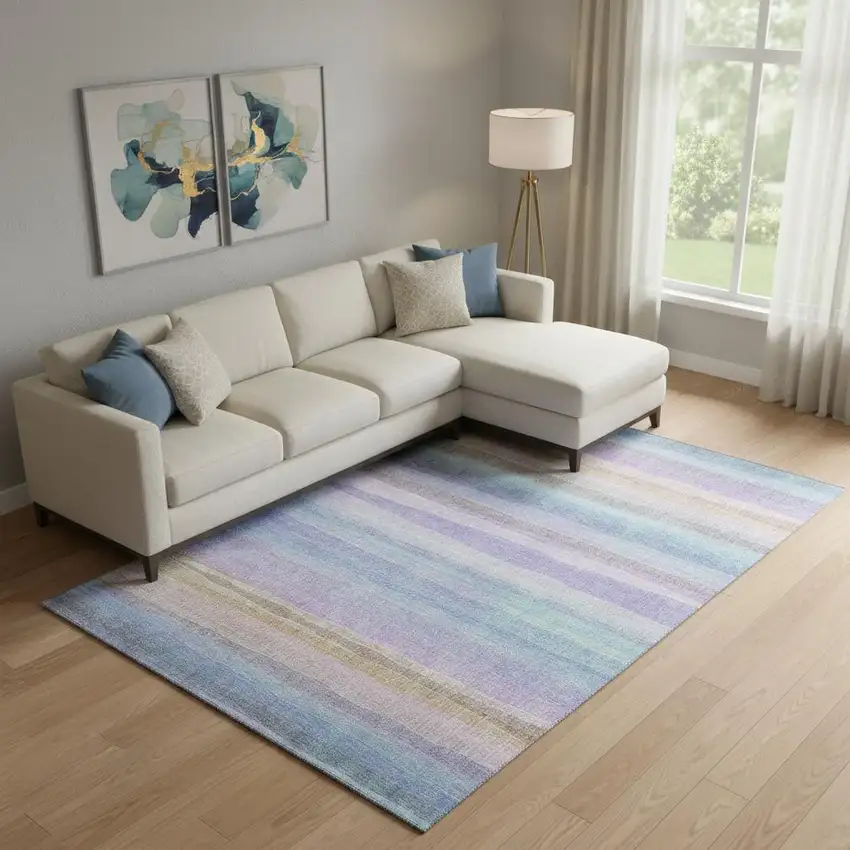 Lavender And Sky Blue Striped Washable Area Rug With UV Protection Photo 2