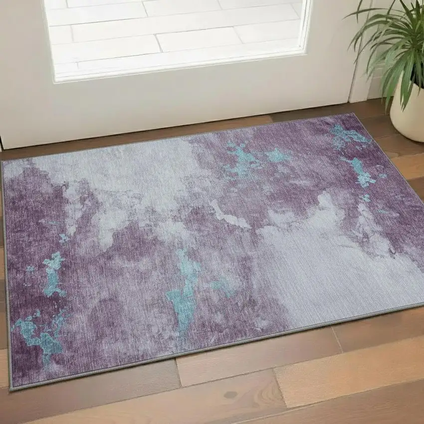 Lavender And Teal Abstract Washable Area Rug With UV Protection Photo 2