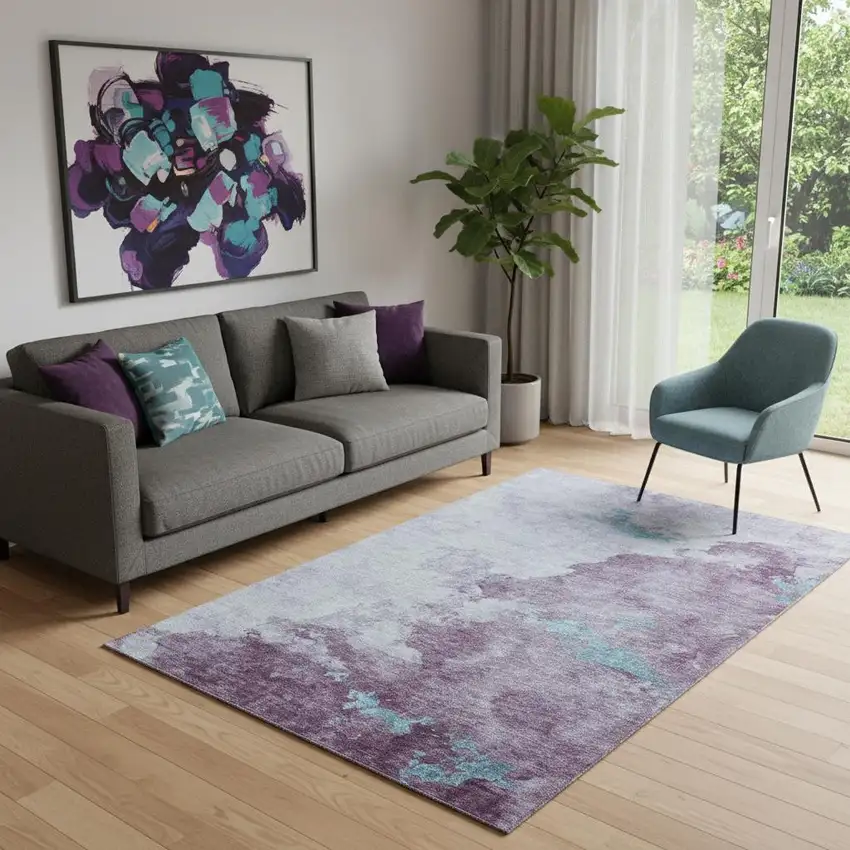 Lavender And Teal Abstract Washable Area Rug With UV Protection Photo 2