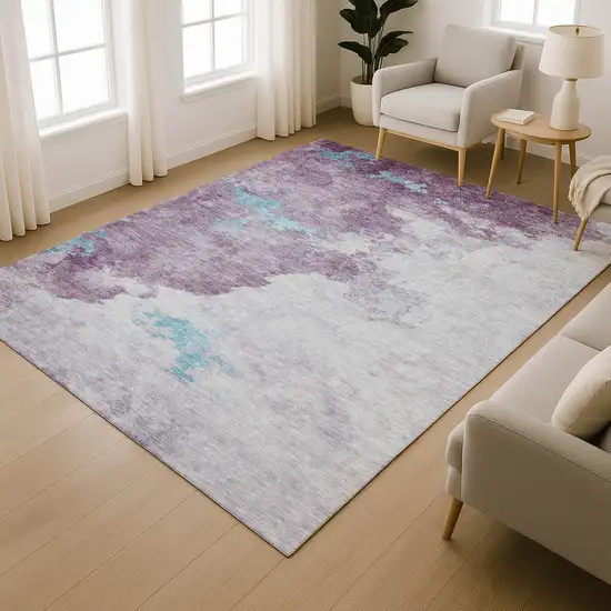 Lavender And Teal Abstract Washable Area Rug With UV Protection Photo 6