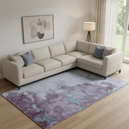 Lavender And Teal Abstract Washable Area Rug With UV Protection Photo 2