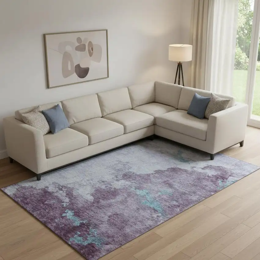 Lavender And Teal Abstract Washable Area Rug With UV Protection Photo 2