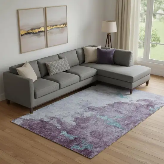 Lavender And Teal Abstract Washable Area Rug With UV Protection Photo 2