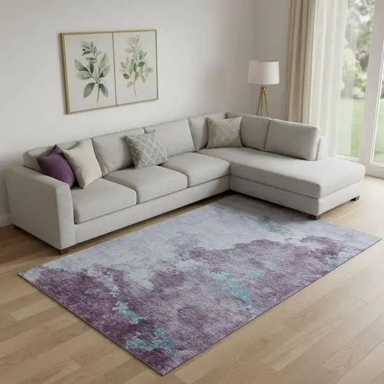Lavender And Teal Abstract Washable Area Rug With UV Protection Photo 2