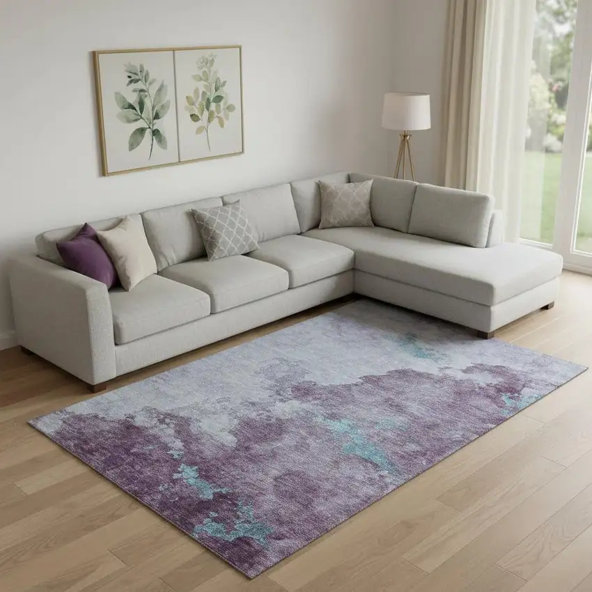 Lavender And Teal Abstract Washable Area Rug With UV Protection Photo 2