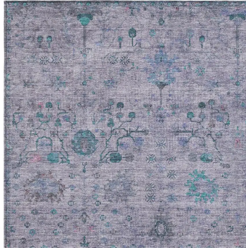 Lavender And Teal Blue Floral Washable Indoor Outdoor Area Rug Photo 3
