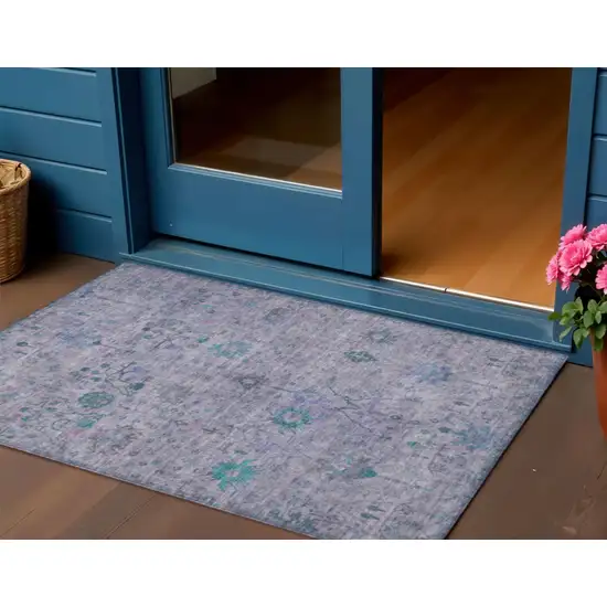 Lavender And Teal Blue Floral Washable Indoor Outdoor Area Rug Photo 2