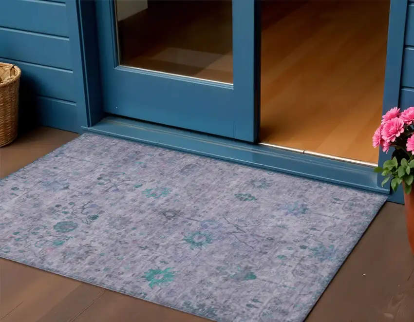 Lavender And Teal Blue Floral Washable Indoor Outdoor Area Rug Photo 2