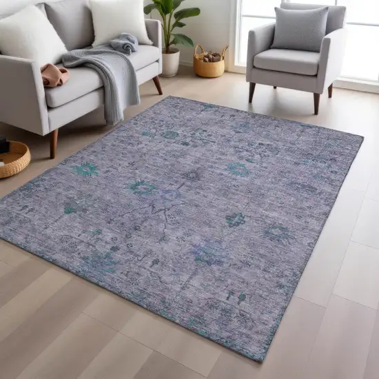 Lavender And Teal Blue Floral Washable Indoor Outdoor Area Rug Photo 6