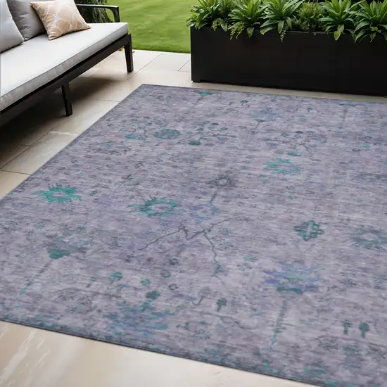 Lavender And Teal Blue Floral Washable Indoor Outdoor Area Rug Photo 2